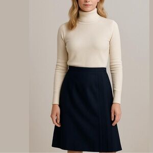 Vintage Classic Wool Deep Navy Side Pleated Wrap Knee Length Skirt Sz S